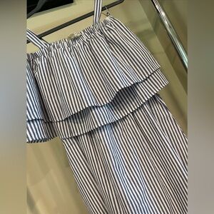 Listicle Off The Shoulder Dress Seersucker Blue White Stripes